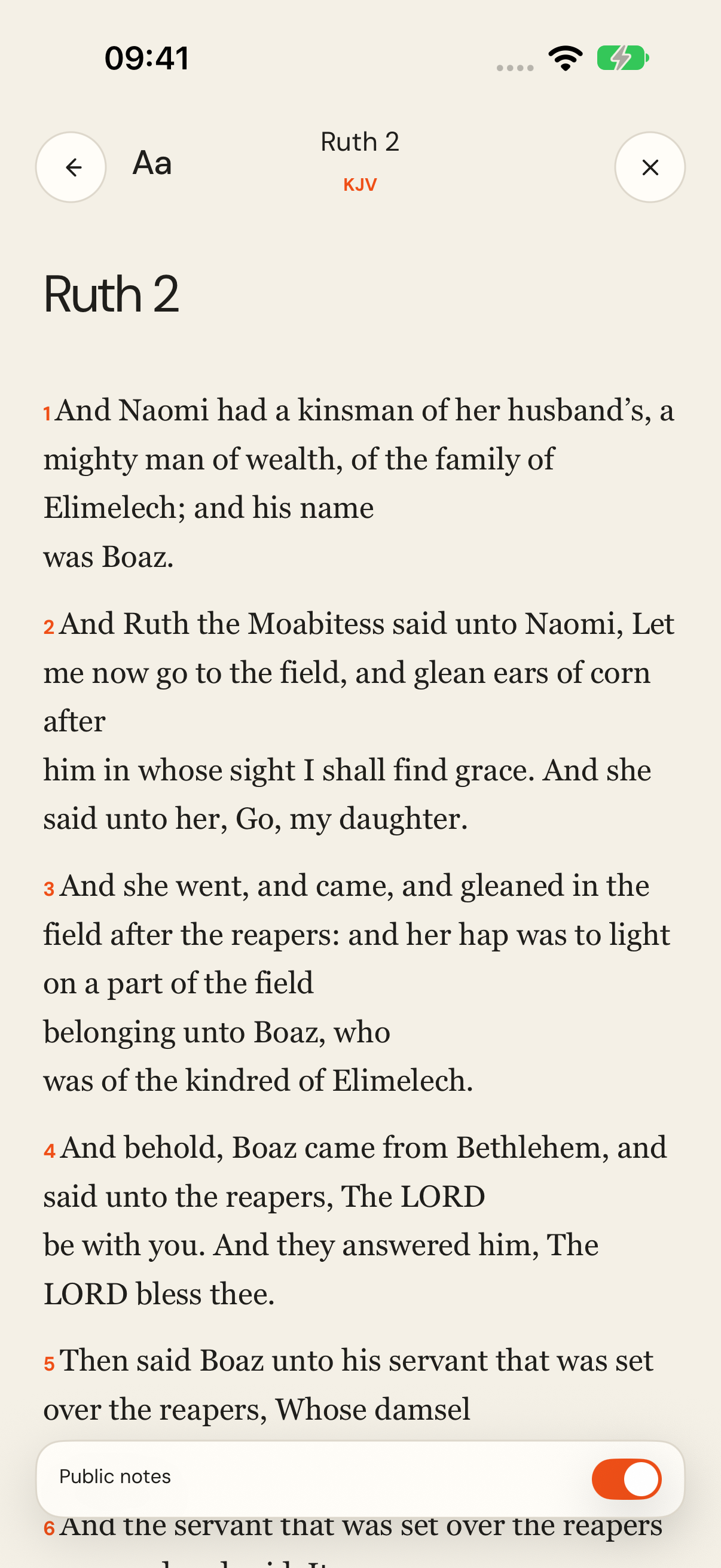 Thus Far Bible reader showing Ruth chapter 2