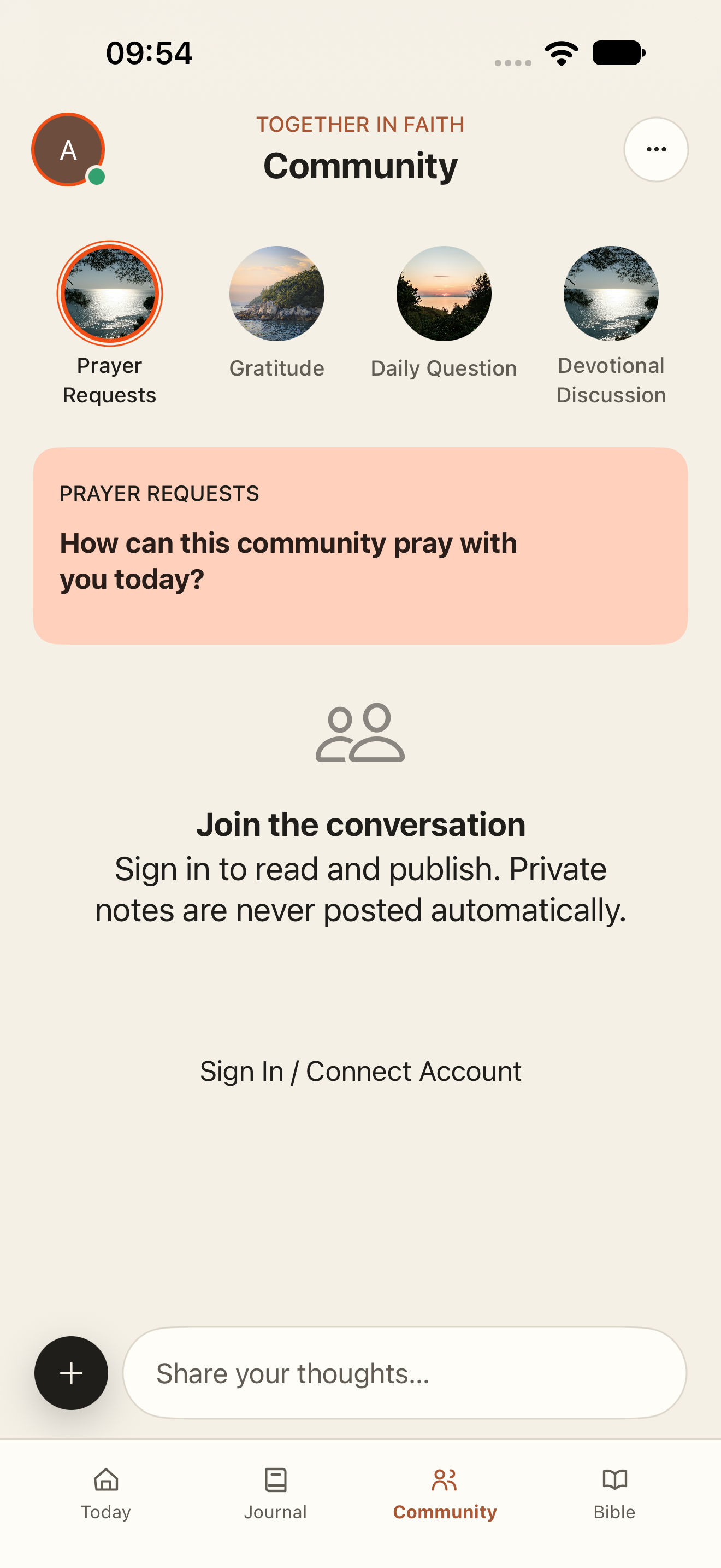 Thus Far Community and prayer request preview, showing sign-in required
