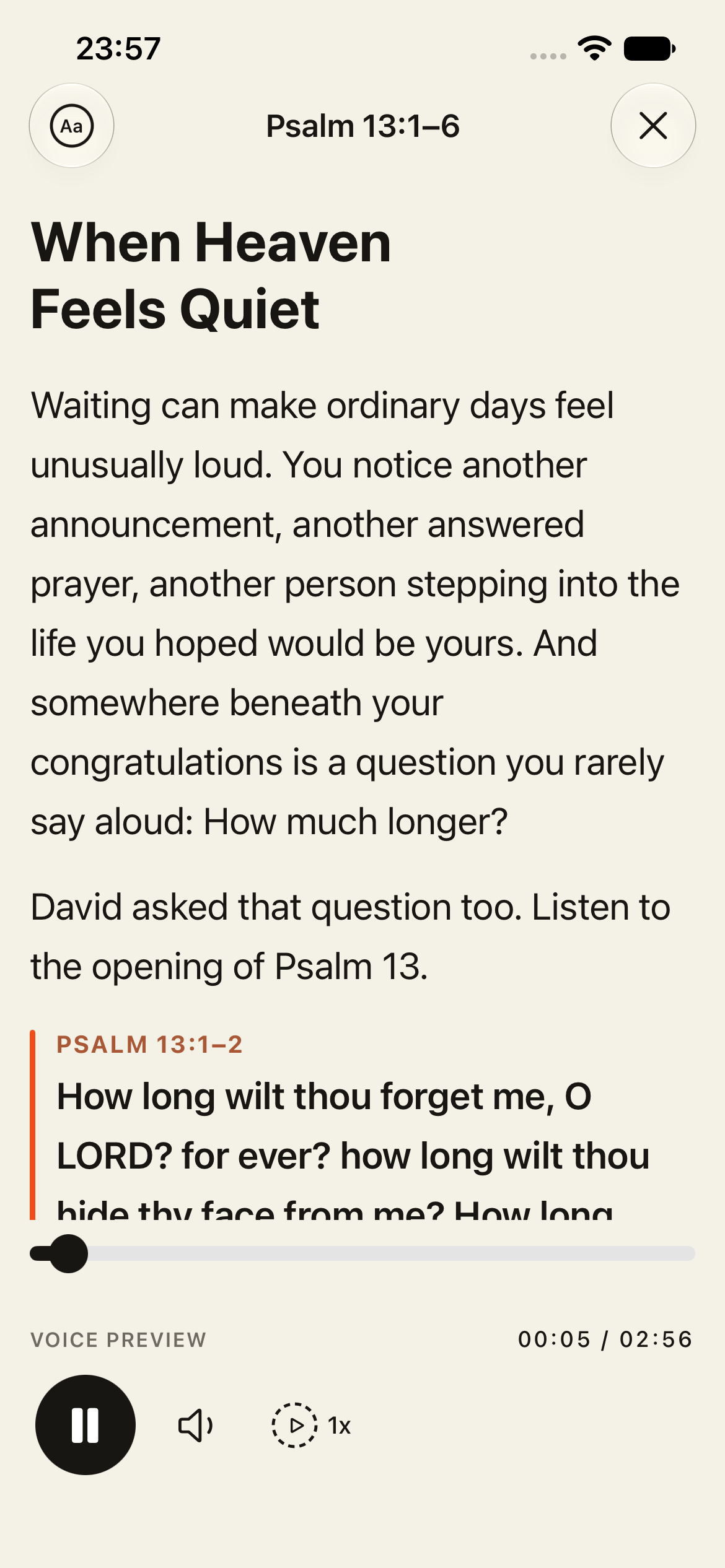 Development preview of Thus Far devotional listening, labelled voice preview