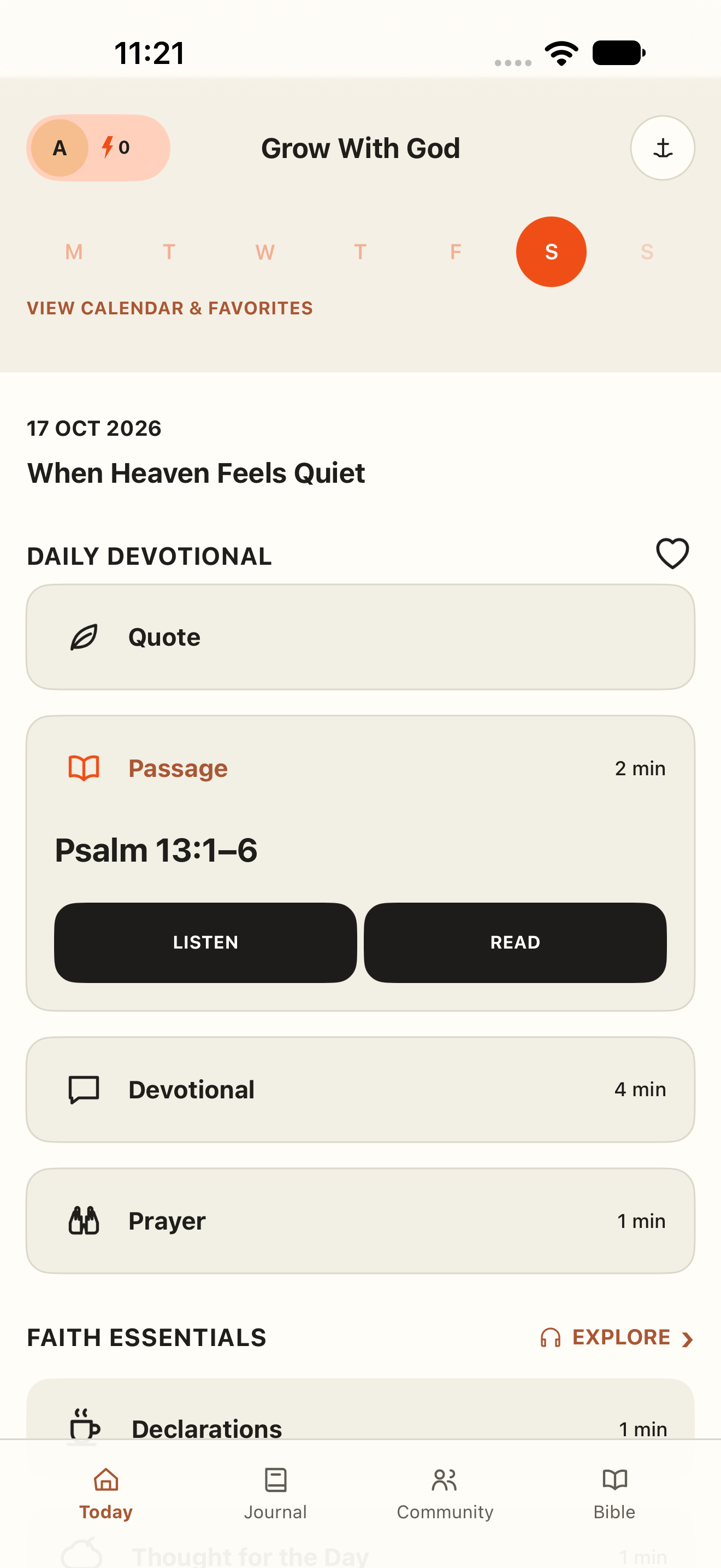 Thus Far app preview showing the daily passage, devotional, prayer and four-tab navigation